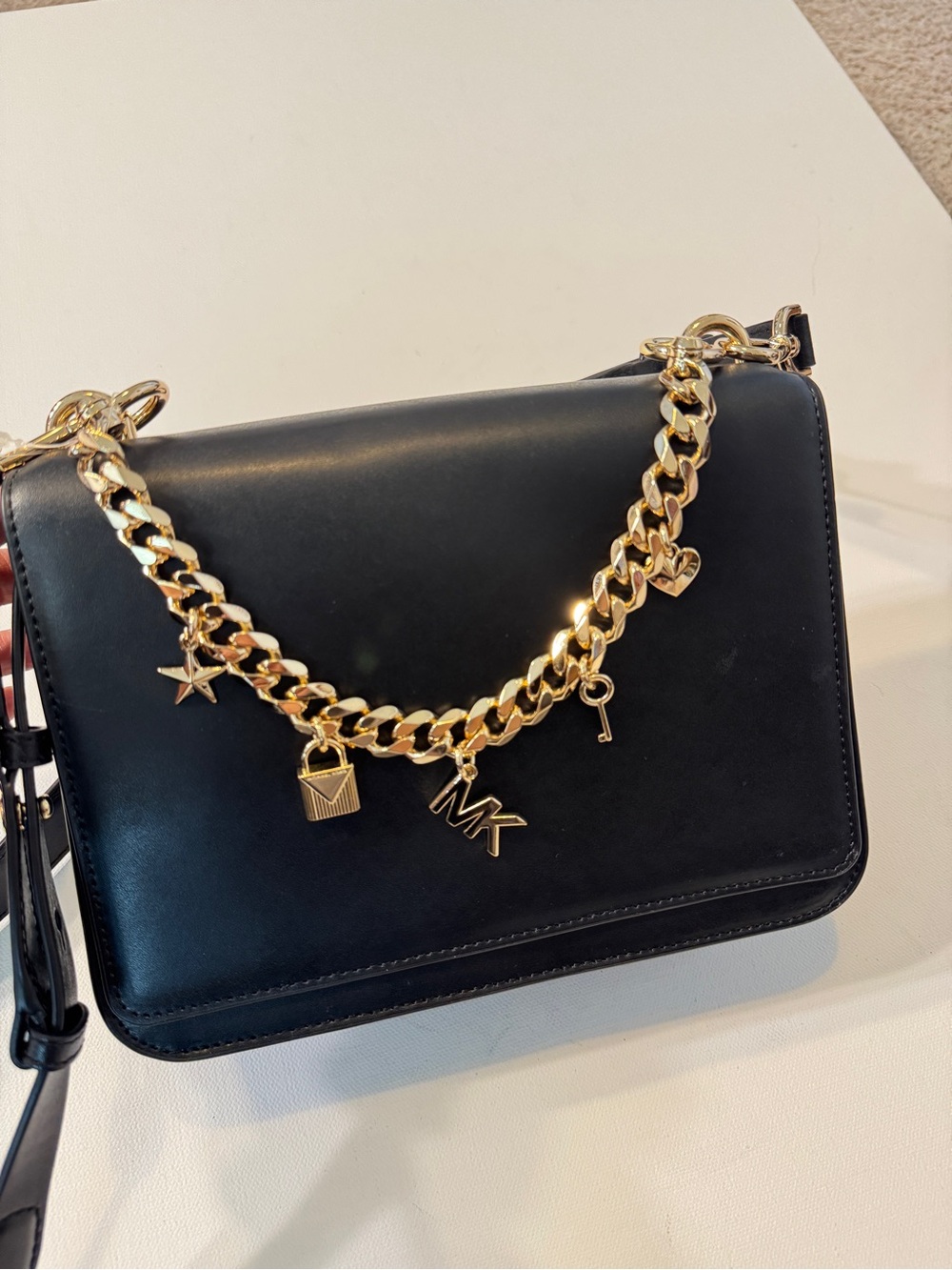 NWT Michael Kors Mott Large Chain Leather Cross Body Shoulder Handbag Black